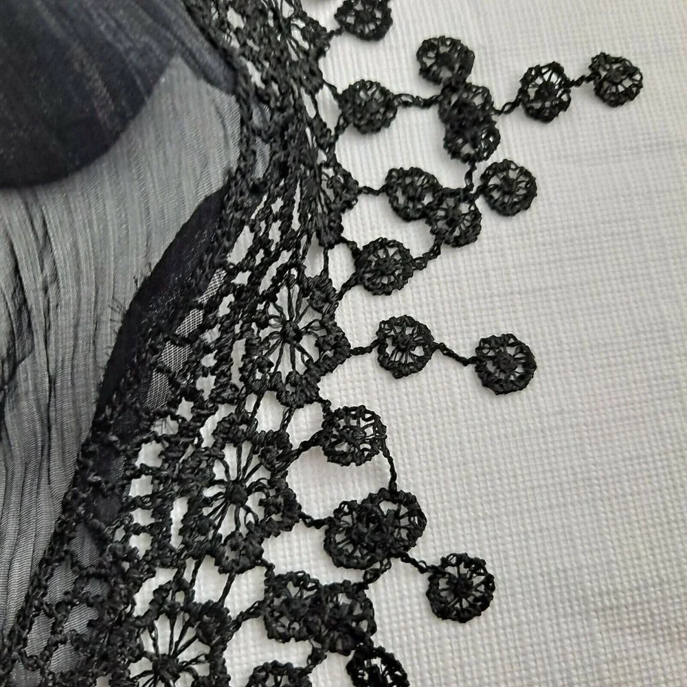 Shawl Sheer Tassel Black Swirl Ribbon Shoulder Cover Triangle 18x74 - Picture 4 of 7